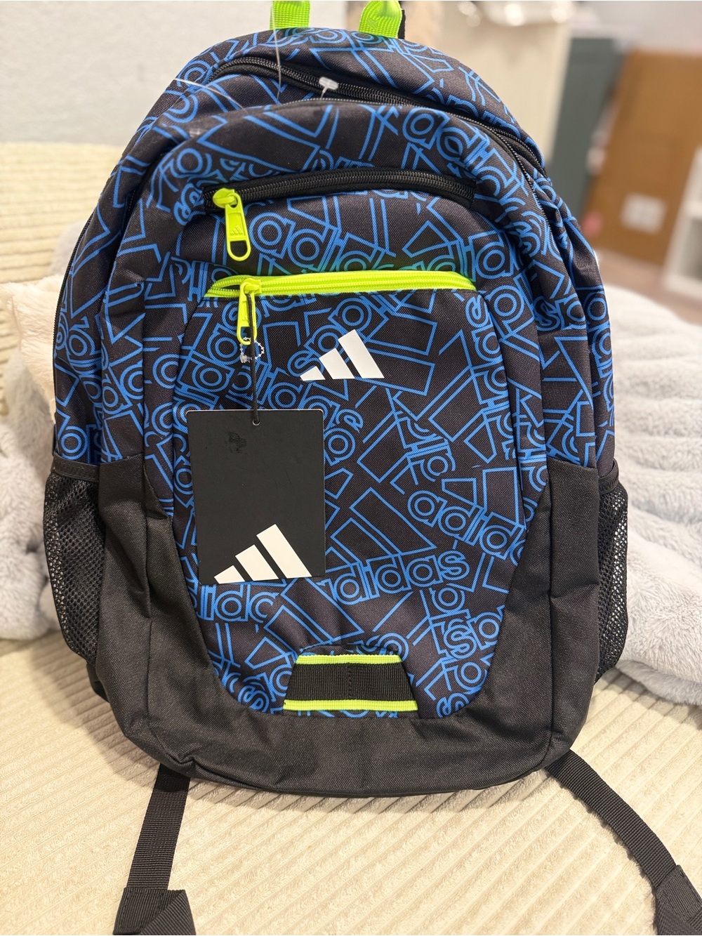 NWT adidas Backpack Blue Black All Over Logo Print Neon Green School Sports Bag - Picture 2 of 14